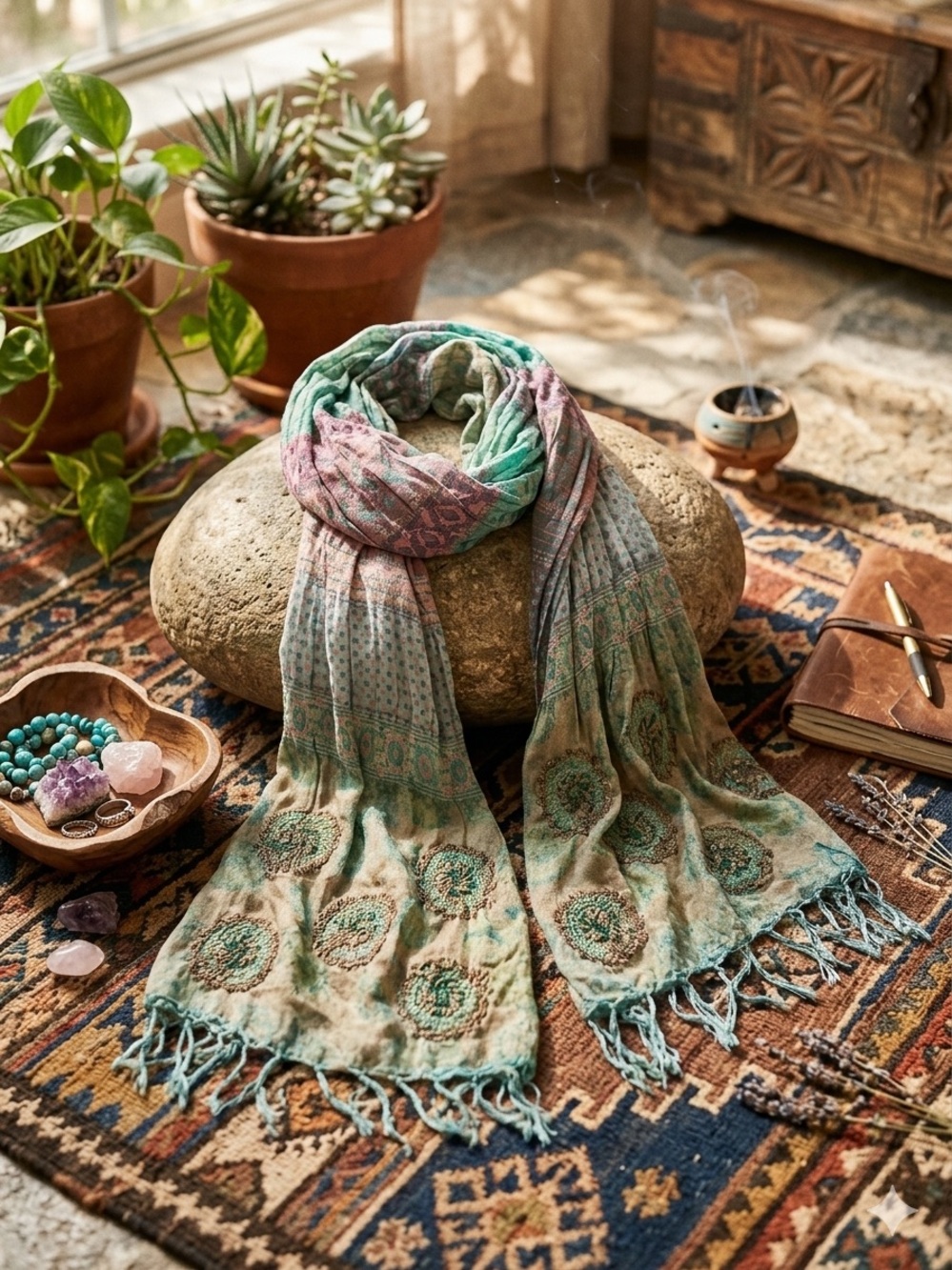 Boho Floral Fringe Scarf - Teal & Pink- 💯 silk